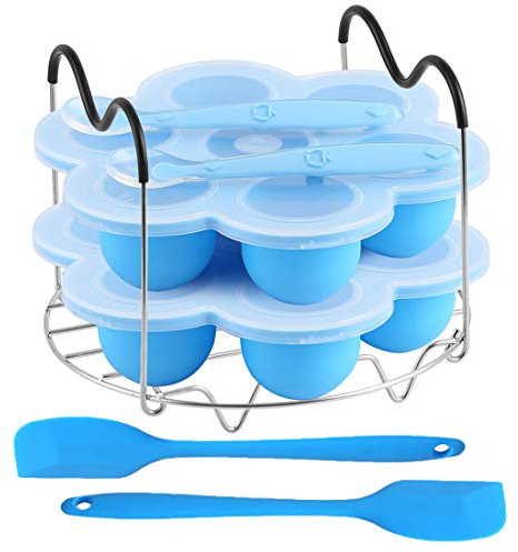 ROTTAY Silicone Egg Bites Molds and Steamer Rack Trivet with Heat Resistant Handles Fit Instant Pot Accessories, 7pcs set for 6qt 8qt Electric Pressure Cooker With 2 Spoons and Silicone spatula