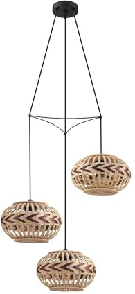 EGLO Pendelleuchte Dondarrion, 3 flammige Hängelampe Vintage, Skandinavisch | Boho, Hängeleuchte aus Stahl, Holz, Esstischlampe, Wohnzimmerlampe hängend in Schwarz, Natur, Weinrot, E27 Fassung, Ø 57 cm
