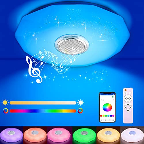 Wholede Plafoniera LED con Altoparlante Bluetooth, Ø28cm, Cambio Colore RGB Dimmerabile, Lampada con Telecomando e Controllo APP, Funzione di Temporizzazione e Memoria, per Soggiorno, Bagni