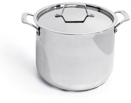 BergHOFF Professional Tri-ply 18/10 Stainless Steel Stockpot 9.5 8 Qt. Safe Grip Handle Matching Lid Induction Cooktop Measurement Markings Inside Fast & Even Heat Oven Safe Dishwasher safe
