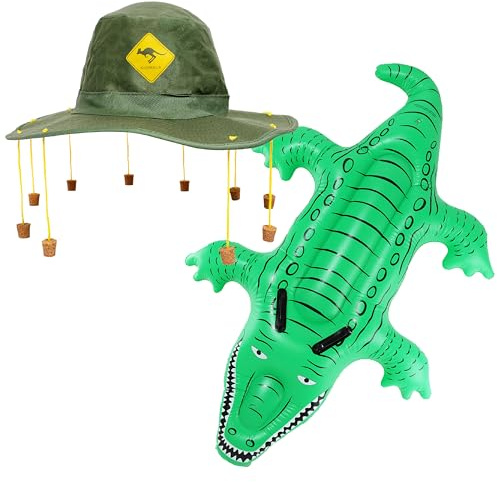 Australia Fancy Dress Set - Green Australian Cork Hat and Large Inflatable Green Crocodile - Australia Day Commonwealth Fancy Dress Costume Accessory Set