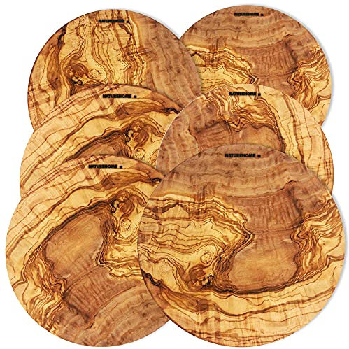 NATUREHOME Lot de 6 assiettes à pizza en bois d'olivier massif de 30 cm pour pizza et tartes flambées empilables en bois de qualité alimentaire
