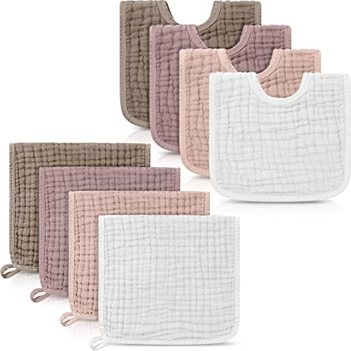 Tallew 8 Pack Muslin Burp Cloths and Baby Bibs for Boy Girl 20 x 10 Cotton Baby Bandana Drool Bibs Muslin Burp Cloths Absorbent Rag for Newborn Toddler Infant Gifts(Elegant Color)