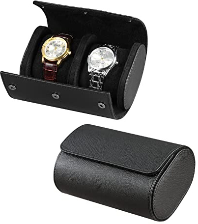 ROSELLE Watch Roll Travel Case for Men and Women- 2 Watch Storage and Organizer-Secure Storage with Innovative Removable Pillows & Solid Dividers for Home, Travel and Display (Black Cross-2 Slot)