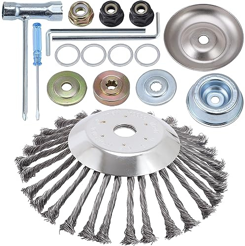 PLAXNS 10 Inch Rotary Steel Wire Brush Cutter Trimmer Head Weed Blade Cutter with Universal Adapter Kit Compatible with Stihl, Husqvarna,String Trimmers, Gardening Lawnmower, Moss Grass Rust Removal