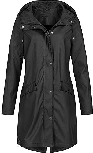 Cocila Ladies Windproof Rain Jacket Women's Windproof Long Rain Jacket Outdoor Hoodie Overcoat Solid Coat Women's Coat Casual Women Jacket (Black, XXL)