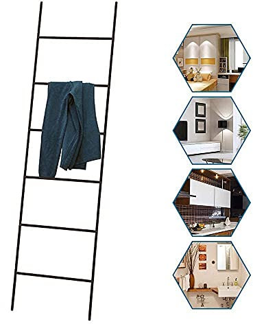 NATWEE Échelle De Couverture en Métal, Porte-Serviettes Échelle, Étagères À Serviette, Présentoirs Écharpe, Corde À Linge Murale, 6 Niveaux, H 170Cm / Noir It's So Kind of You