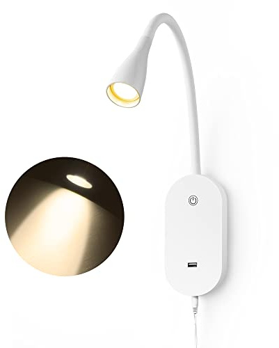 TOPMB Wall Reading Light for Bed, 3000K Cozy Book Light with USB Output, 5 Dimmable Touch Control, 4-Hour Auto Off, Flexible Gooseneck Bed Headboard Reading Lamp White