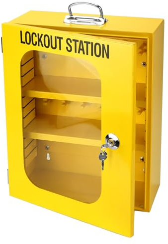 QWORK Lockout Tagout Cabinet, Heavy Duty Station Cabinet with Clear Door & Lock,Wall Mounted Box Cabinet, Steel Construction, Large Capacity Storage for Machine Service, Yellow