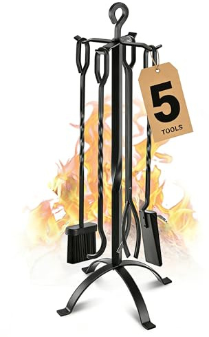 Gtongoko Kaminwerkzeug-Set, 5-teilig, 81,3 cm, modernes schwarzes Schmiedeeisen, großes Feuerwerkzeug-Set für Outdoor/Innen, inklusive Schürhaken, Zange, Schaufel, Bürste und Ständer Zubehör-Set