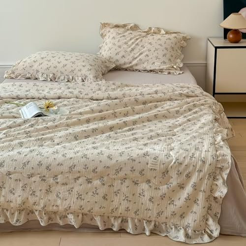 ISCBAFYX Doppellagige Steppdecke aus Musselin-Baumwolle für Kinder und Erwachsene, Gesteppte dünne Sommerdecken aus 100% Baumwolle, gerüschte Steppdecke für Doppelbett, Klimaanlage, waschbar (C, 150