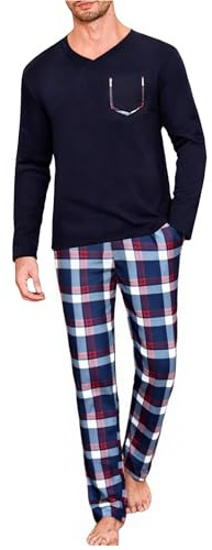 Uniexcosm Pyjama Homme Hiver Coton Ensemble de Pyjama à Carreaux Vêtements de Nuit à Manches Longues Ensemble Pyjama Homme à Carreaux Bleu Marine S