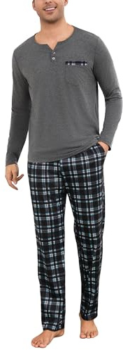 Bresdk Pyjama Homme Hiver Coton Long Manches Longues Col V Deux Pièces | Haut Henley boutonné à manches longues, pantalon à carreaux avec poches, taille élastique à cordon, lavage en machine