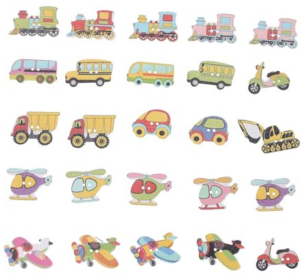 JEWEDECO 50 Stück Holzknöpfe Transport Cartoon Für Selbstgemacht Kleidung Nähen Basteln Mehrfarbig