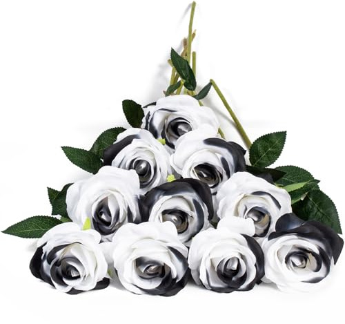 DuHouse Künstliche Rosen aus Seide, Blumen mit Langen Stielen, Schwarz-Weiß | Kunstrosen 54 cm, wie echt, Blumenstrauß für Arrangement, Hochzeit, Tafelaufsatz, Party und Wohn-Dekoration