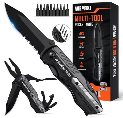 WEARXI Cadeau Papa, 13 en 1 Couteau de Survie Pliant Multifonction | Cadeau Fete des Peres Original Anniversaire Homme, Couteau Suisse de Poche, Idéal pour Camping, Randonnée, Outdoor, Bricolage
