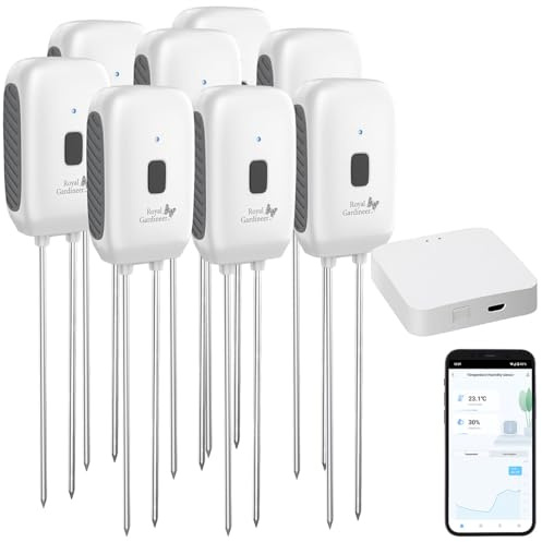 Royal Gardineer Garten-Boden-Thermometer: 8er-Set Boden-Feuchtigkeits-&Temperatur-Sensoren mit WLAN-Gateway, App (Temperatur-Feuchtigkeitstester, Feuchtigkeitsmesser Pflanzen Apps, Thermo)