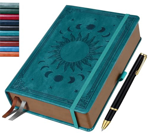 HwxBen Carnet de Notes A5 (14,5x21cm), 360 Pages, Papier 100g/m², Résistant à l’Encre, Ligné, Cuir PU, Soleil & Lune – Vert Mer, avec Stylo, Pochette, pour Journal, Bureau, École