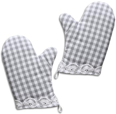 Ofenhandschuhe Hannah mit Vogtländischer Spitze 2er Set – hochwertiger Hitzeschutz | Backhandschuh grau-weiß kariert | dick gefütterter Kochhandschuh Universalgröße | Topfhandschuh Landhausstil