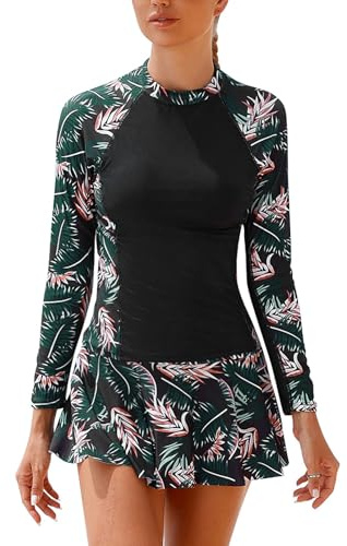 Oheyeseker Maillot de bain deux pièces Rashguard pour femme avec débardeur à manches longues et jupe de bain à volants, Feuille jaune et rouge, L