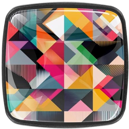 4 pomos de cajón con elementos geométricos abstractos de colores de 30 mm, base negra, pomos de tocador para armario, puerta, armario, cocina, dormitorio, armario