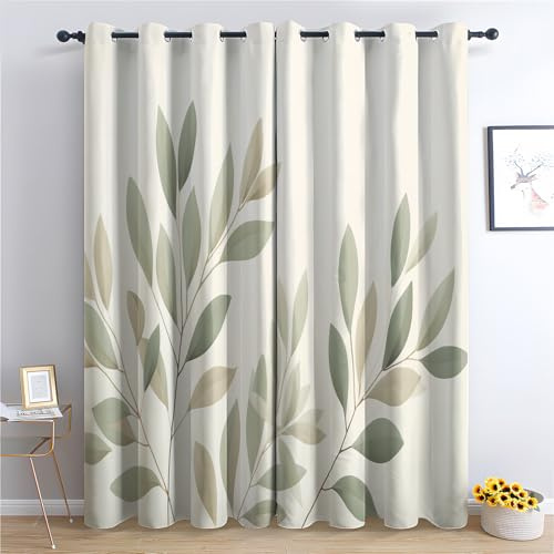 Venivici Blätter Vorhänge Wohnzimmer Schlafzimmer - Grüne Blatt Minimalistisch Vorhang 300 cm Lang Blickdicht, Gardinen mit ösen, Verdunklungsvorhänge Kinderzimmer, Thermovorhang 2er Set
