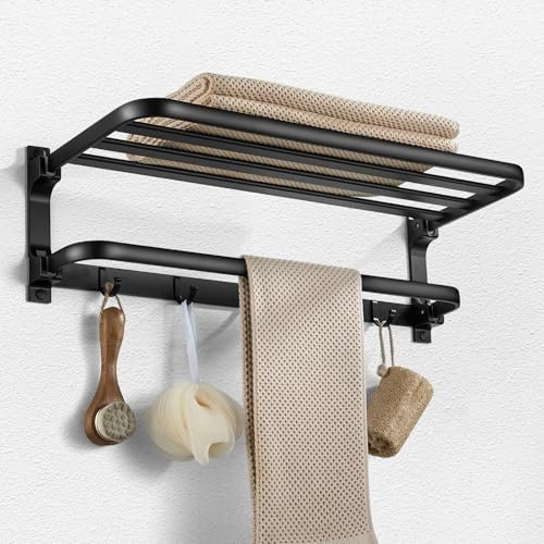 58CM Handtuchhalter Schwarz, Handtuchhalter Bad aus Aluminium, Wandmontage Bohren Handtuchhalter mit 5 Handtuchhaken,Schwarz Handtuchalterung Wand für Bad und Küche
