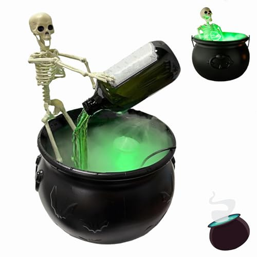 Dewppxi Hexenkessel mit Skelett & Nebelmaschine, Geister Halloween Dekorationen mit Nebel Diffusor, Hexenkessel-Topfeimer für Halloween-Dekorationen, Horror-Dekoration für Zuhause (C,19.5cm)
