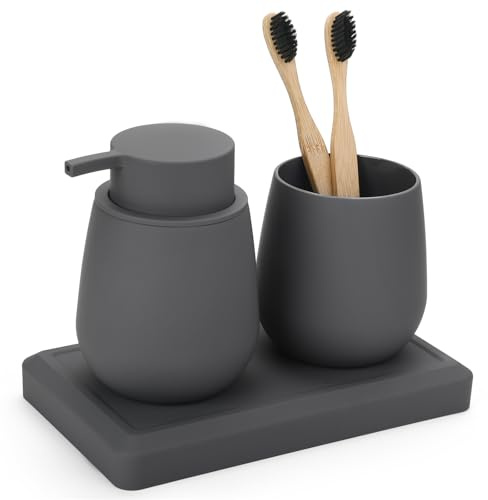 AJEUNGAIN Set Bagno Grigio - Dispenser Sapone, Portaspazzolino, Vassoio da Vanity, Moderno Accessori Bagno con Rivestimento in Gomma, Organizzatore da Banco Decorativo (Grigio)
