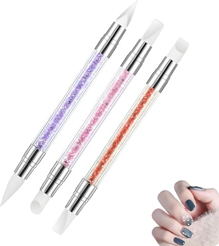 Olakin Pinceaux à ongles [3 pièces] Pinceaux en silicone à double tête Nail, pinceaux de manucure avec manche en strass artificiels, pour ongles et décoration d'ongles faux ongles en acrylique