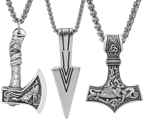 Viking Necklace Set for Men, 3-Piece Norse Jewelry — Thor’s Hammer Mjolnir, Viking Axe & Spearhead Pendants with Chains, Vintage Viking Gift Pouch Included