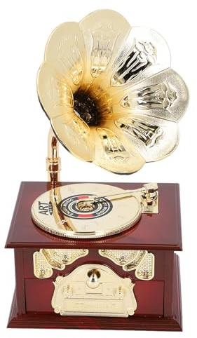KKPLZZ Vintage Gramophone Music Box, Clockwork Mechanical Retro Phonograph Style Music Player for Home Table Desk Decorations (Brown Gramophone)