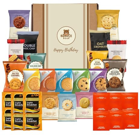Tea & Biscuits Gift Set – Afternoon Tea Hamper with Assorted Biscuits & 12 Premium Tea Bags – Gift Hamper for Women, Men & Couples – Thank You Hamper (Happy Birthday)