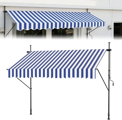 ACXIN Toldo de sujeción para balcón, resistente a los rayos UV, altura regulable, con manivela, altura regulable, sin agujeros, poliéster, 200 x 120 cm, rayas azules y blancas