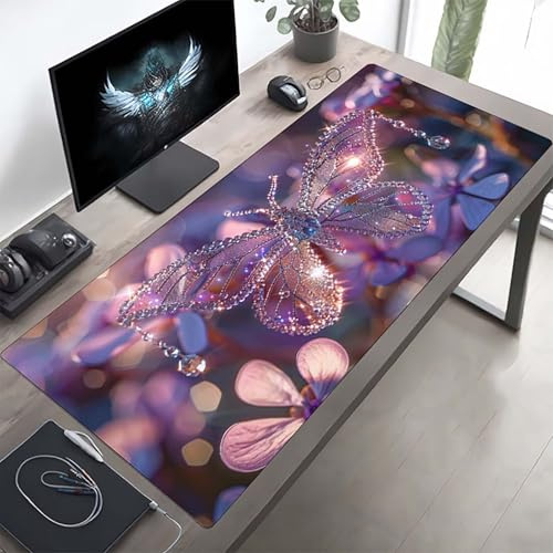 Gaming Mauspad 700x300x3 mm Gaming Mousepad XXL Lila Schmetterling Mauspad Schreibtischauflage, Genähte Kanten Mausmat, Rutschfeste Gummibasis, Schreibtisch Schutz für Home Büro, Geschenke PjY8502 0-3
