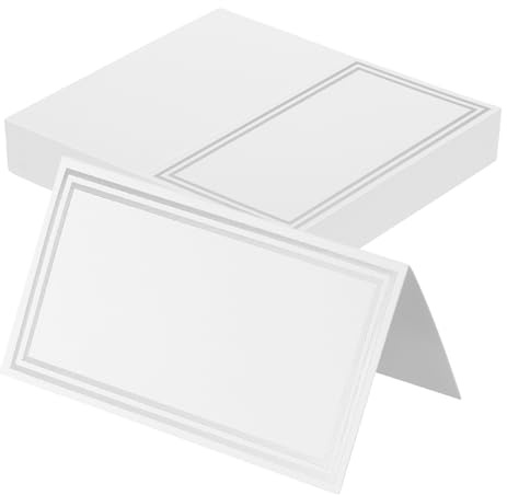 sourcing map 60 tarjetas de lugar de tienda de campaña con nombre de asiento de mesa con 3.6 x 4 pulgadas en blanco para bodas, mesas, cenas, festivales, marco de doble línea blanco plateado