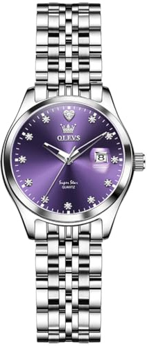 OLEVS Womens Watch Silver Stainless Steel Analog Quartz Luxury Diamond Ladies Watches Classic Purple Dial Small Face Dress Women's Watch Waterproof Luminous with Date Easy to Read Watches for Women