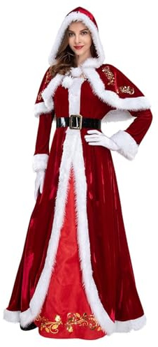 Generisch Damen Deluxe Miss Santa Claus Kostüm, Kleid mit Kapuze und Gürtel Umhang und Handschuhe Weihnachtsfrau Kostüm Rot Weihnachtskostüm Cosplay Miss Santa Outfit für Frauen