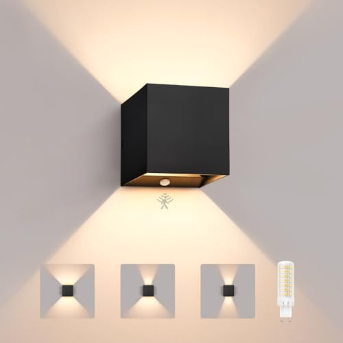 YindaLux Außenlampe mit Bewegungsmelder, 6W 3000K IP65 wasserdicht, Schwarz | mit Austauschbarer G9 LED Lampe, Up Down Wandlampe Einstellbar Abstrahlwinkel, Außenleuchte für Garten, Terrasse, Eingang