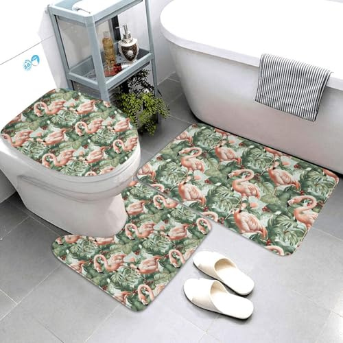Nevjipu Set di 3 tappeti da bagno con stampa di fenicotteri tropicali, antiscivolo, lavabili, a forma di U, morbidi tappetini da doccia per WC e vasca da bagno