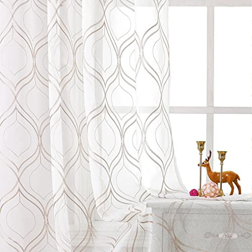 VISIONTEX White Sheer Curtains 63 Inch Length 2 Panels Set Brown Moroccan Embroidered Curtains Trellis French Textured Rod Pocket Voile Tulle Semi Window Drapes for Bedroom Living Room 54 x 63 Inches