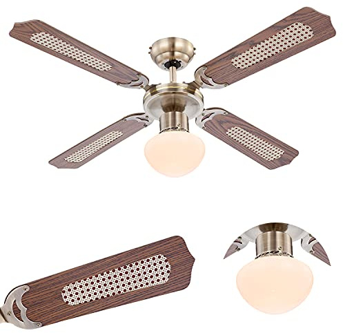 Deckenventilator mit Beleuchtung Leise Zugschalter Deckenleuchte mit Ventilator (3 Stufen, Deckenlampe, 106 cm, Rechts Links Lauf, Messing)