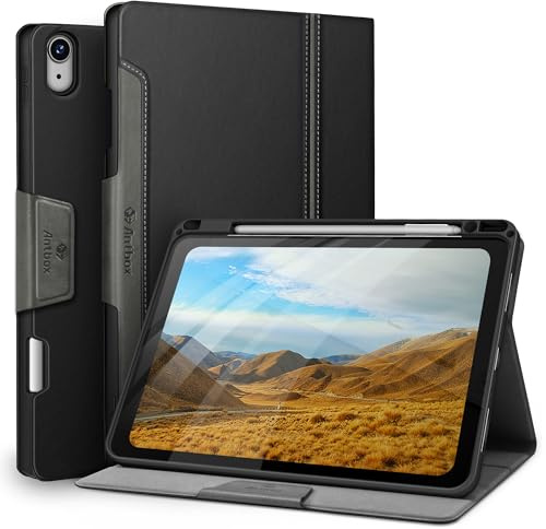 Antbox Hülle für iPad Air 11 Zoll (M4/M3/M2)/ Air 5./4. Gen 10,9'' Schwarz | PU Leder, Integrierter Stifthalter, Multi-Winkel-Ständer, Auto Schlaf/Wach Funktion, Pencil Pro/USB-C kompatibel