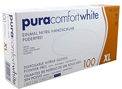 Pura Comfort White Disposable Nitrile Gloves, White, Powder-Free, Pack of 100, Size XL