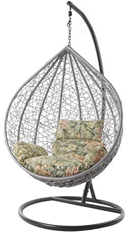 Kideo® Komplettset: großer Hängesessel mit Gestell & Kissen, Lounge Möbel, Poly-Rattan, XXL, grau (Kissen: grün Nest (5101 Tropical Garden))