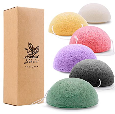 Wokelai konjac sponge face set of 6 for All Skin Types Face body Exfoliation and Deep Cleansing Organic Natural Konjac facial sponges washing puff for Shower Bath SPA Scrubber for Kids Babys Men Women