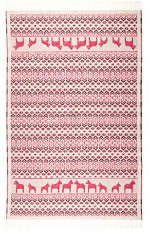 ÖJBRO VANTFABRIK – Dalarna Röd – Wolldecke mit Fransen, 130 × 200 cm, aus 100% Schafwolle, gewebt, warm & weich, folkloristisches nordisches Design