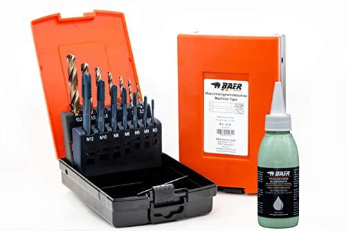 BAER Gewindeschneider Set M3 - M12 | HSSE Edelstahl | Edelstahlbohrer inklusive Bohrpaste | Maschinengewindebohrer Durchgangsloch + Kernlochbohrer | Gewindebohrer Satz | Gewindeschneidsatz