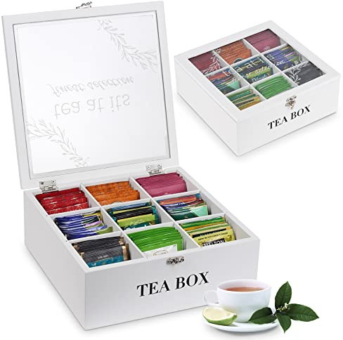 handrong Tea Box Organizer,Wood Tea Bag Holder Organizer,Modern Teas Bag Storage with 9 Compartments and Glass Cover for Home Office Gift