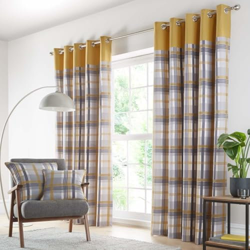 HOMEMAKER BEDDING Check curtains eyelet ring top lined ochre yellow grey taupe tartan (66 x 90 (168x229cm))